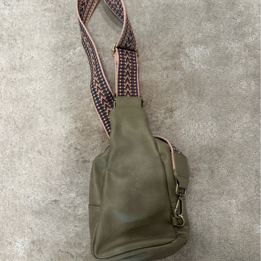 Olive Green Crossbody Bag with Patterned Strap - Picture 1 of 2